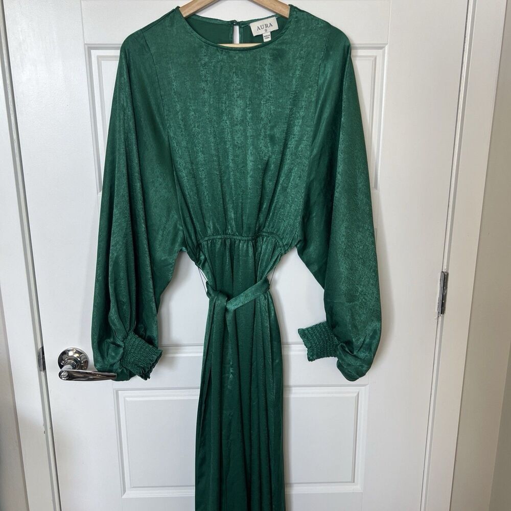 Aura Emerald Green Satin Maxi Dress With A Tie Belt Slit Long Puff Sleeves Small